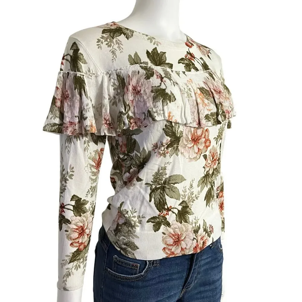 Harlyn Anthropologie Ritchie Floral Ruffled Sweater Size XS